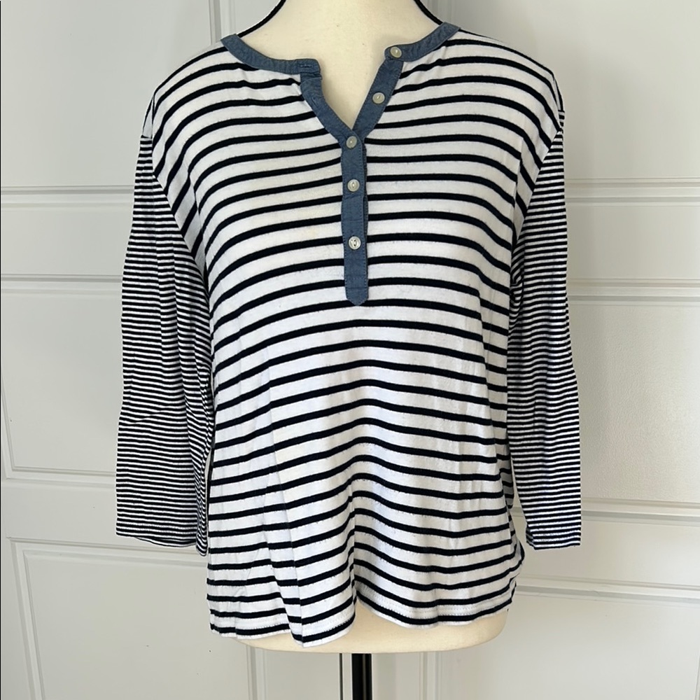 Chaps Navy and White Buttoned Polo Blouse 3/4 Sleeve